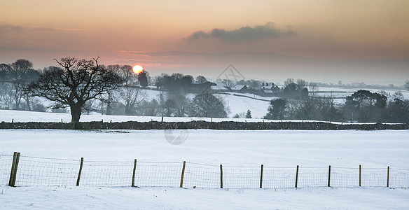 美丽的日出景观覆盖了冬天的乡村图片