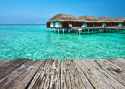 美丽的海滩,水上平房马尔代夫的旧木墩图片