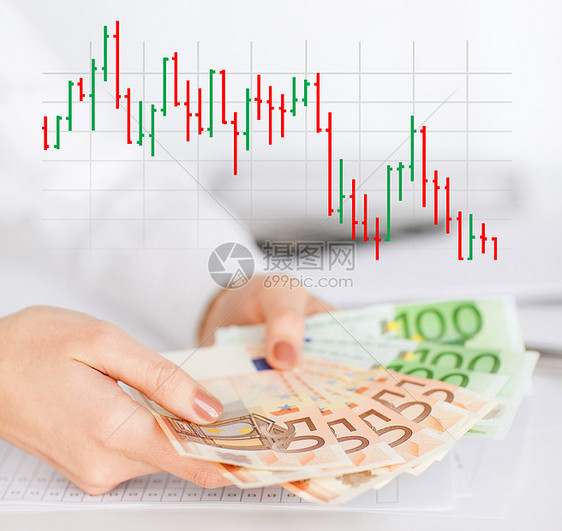 商业,人财务密切妇女的手持欧元货币灰色背景与外汇图表图片