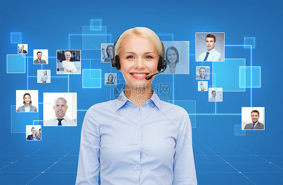 商业,沟通,合作人的快乐的女帮助热线运营商与耳机蓝色背景图标的联系人客户图片