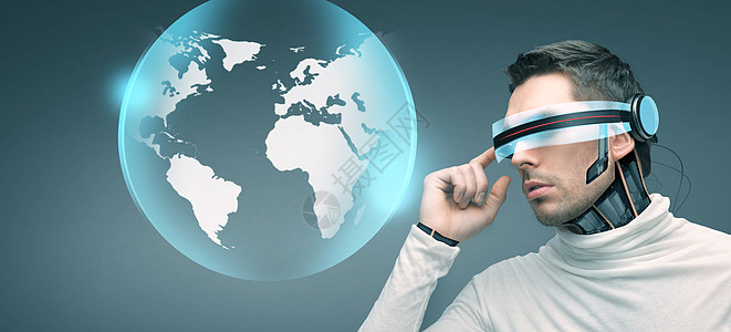 人,技术,未来进步人与未来的3D眼镜微芯片植入传感器蓝色背景地球全息图图片