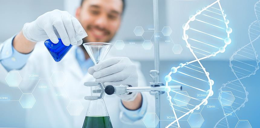 科学化学生物学医学人的科学家用漏斗填充试管并临床实验室进行dna