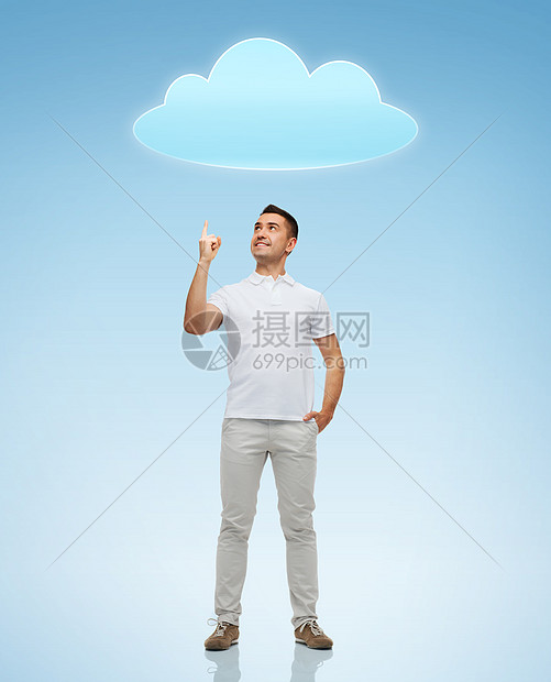 幸福,手势人的微笑的人指着蓝色背景上的云