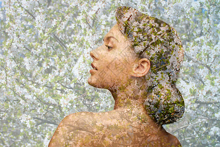 美丽,人,春夏季节健康理念轻的女人脸上的轮廓超过盛开的树花图案双重曝光效果图片