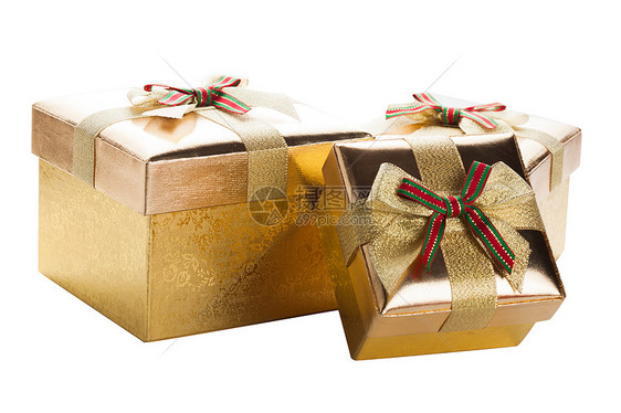 三个金色的盒子,白色的蝴蝶结图片