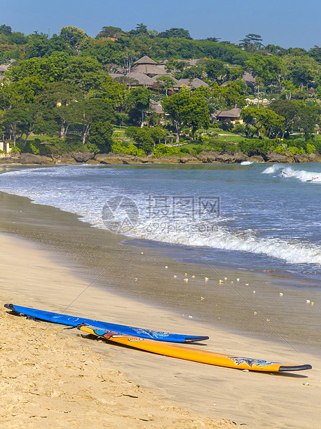 热带沙滩冲浪板,吉姆巴兰,巴厘岛,印度尼西亚图片