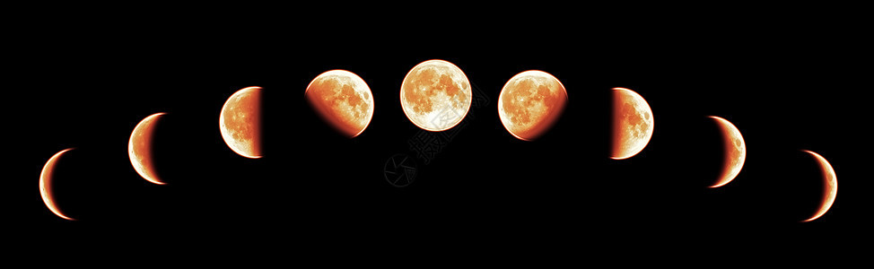 黑色背景上分离的红月亮的全生长周期的九个阶段图片