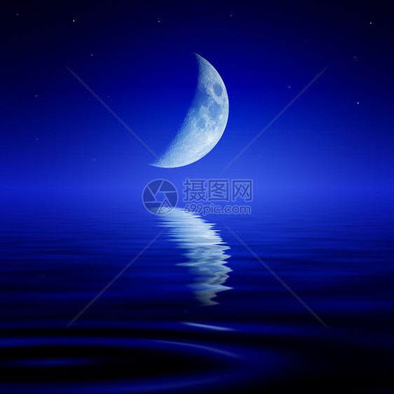 月亮反射波浪状的水中图片