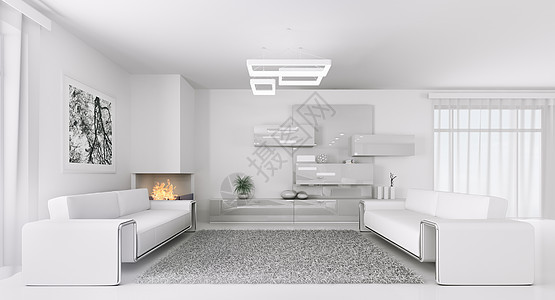 现代白色客厅内部两个沙发3D渲染图片