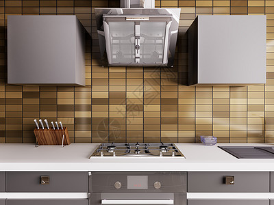 现代厨房与煤气槽引擎盖内部3D图片