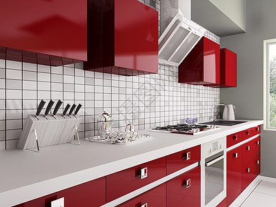 现代红色厨房与水槽,煤气炉内部3D图片