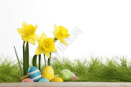 复活节彩蛋水仙花白色背景上分离图片