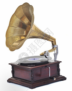 复古的旧留声机,用于录音室中隔离白色的盘子上播放音乐图片
