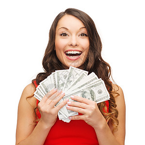 银行业务微笑的女人穿着红色的衣服,带着美元的钱背景