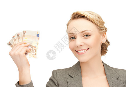带欧元现金的轻女商人的照片图片