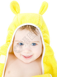 快乐的婴儿戴着白色的特里帽衫长袍图片