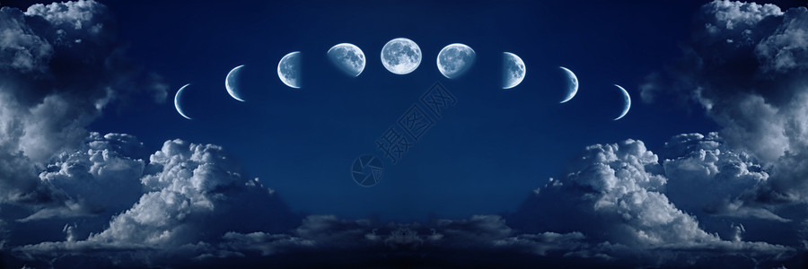 月亮的整个生长周期的九个阶段被云层隔离夜空中高清图片