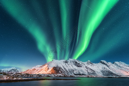 北极光挪威洛福腾群岛极光绿色的北极光极地灯光的星空夜间冬季景观与极光,海与天空反射雪山自然背景图片