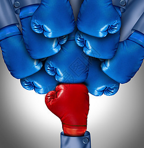 克服逆境克服挑战,群蓝色拳击手套聚集只红色手套上,艰难竞争环境的商业象征,背景图片