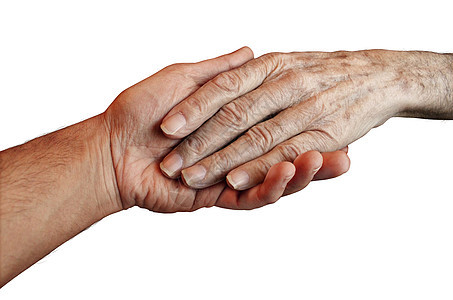 老人护理与个轻人的手,握住帮助个老老退休病人需要家庭医疗帮助,因为衰老记忆丧失白色背景背景图片