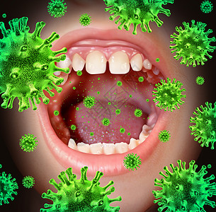 传染病感冒流感症状时咳嗽时,用张开的人类嘴传播危险的传染细菌细菌传播病感染背景图片
