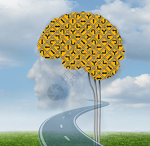 大脑的功能与令人困惑的黄色道路标志的形状,个夏天的天空上,人类的大脑与云彩的形状,个头部,个心理健康的图片