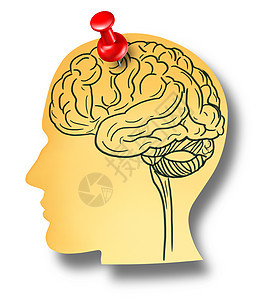 大脑提醒记忆丧失精神健康医学痴呆症阿尔茨海默病与医学图标的办公室笔记与绘图个人的头部形状钉墙上的红色拇指钉图片