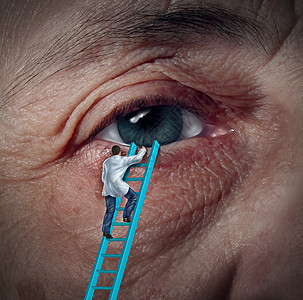 医疗眼睛护理与眼科医生验光师爬上梯子,以提供诊断的老病人,可能视力问题,由于白内障其他眼部疾病图片