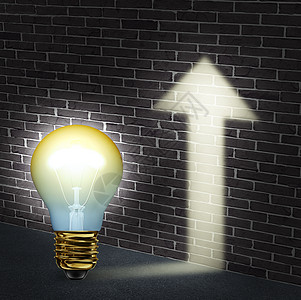 创意方向商业与照明灯泡,向上箭头形状的发光砖墙创新创意成就的成功象征图片