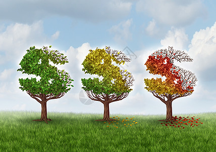 投资损失金融压力的商业,三棵树被塑造成个美元货币的象征,逐渐失叶子,秋季的绿色红色,老龄化储蓄危机的想图片