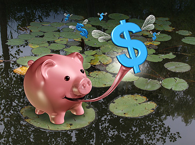 讨价还价的商业金融与个小猪库的角色假装像只青蛙,它捕捉飞虫,就像美元的标志,粘舌头预算的图标图片