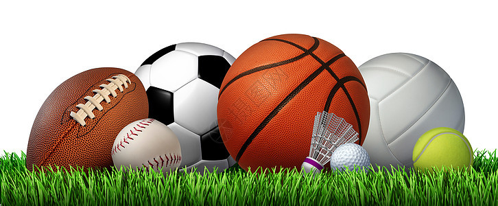 娱乐活动休闲运动设备草地上与足球篮球,棒球,高尔夫,足球,网球,排球羽毛球健康体育活动的象征,孤立白色背景上图片