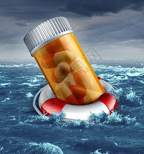 医疗保健计划的风险与处方药瓶救生带救生员漂浮海洋风暴中,个医学,病人的保险保护危险溺水成本图片