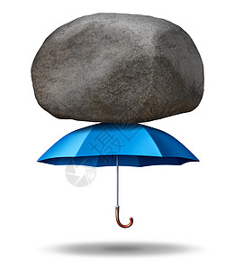 强大的保护业务与强大的蓝色雨伞,支持保护个巨大的岩石巨石会倒下,个完整的象征安全信任力量的白色背景图片