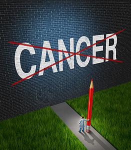 与癌症作斗争治疗癌症的肿瘤保健符号,用医学隐喻的希望,医生医院的研究科学家着支红色的铅笔,把涂砖墙上的疾病词画出来图片