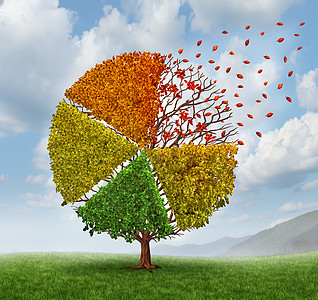 改变市场观念,失商业饼图,成为棵老化的绿树,树叶变黄变红,脱落,投资条件的变化隐喻,经济挑战的金融图表象征图片