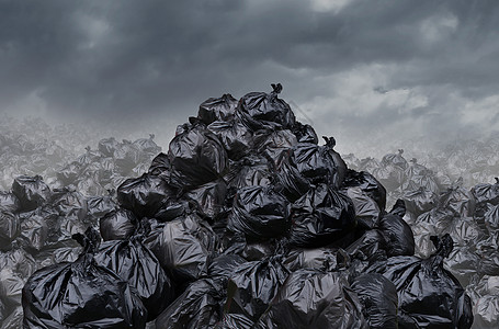 车库垃圾场的与成山的黑色垃圾袋的垃圾,无限的垃圾堆景观中种令人快的气味,个背景的环境损害问题,雾暗多云的场景图片