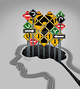 头部问号条道路,形状像个人的部轮廓混乱的交通标志,个洞上升,个大脑的形状,指导问题商业健康的确定图片