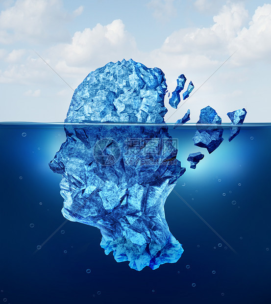 大脑创伤衰老神经损伤漂浮海洋中的冰山,分裂为健康危机,隐喻人类的精神压力,也心理精神问题的象征图片