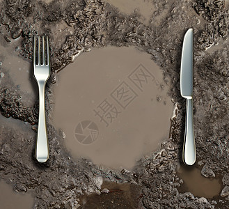 食品卫生的全球贫困的象征,个潮湿的地,滩肮脏的水,形状像个餐盘,用银叉健康风险背景图片