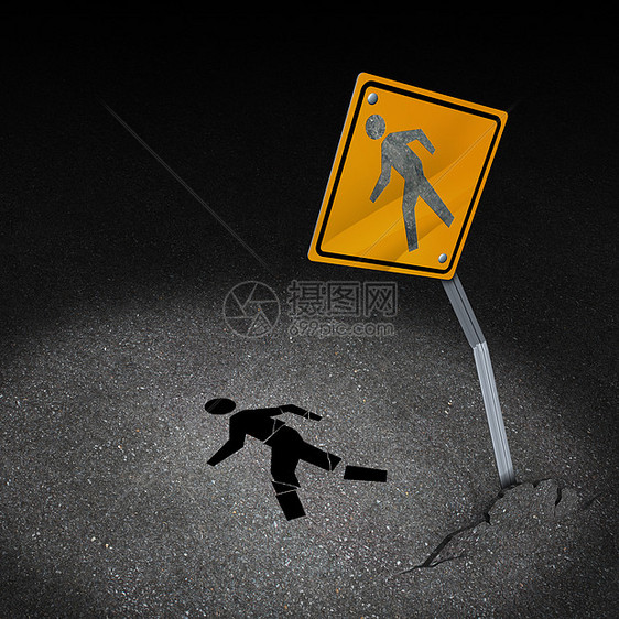 交通事故伤害种损坏的路标,个人的行人标志掉地板上,骨折,车祸后身体疼痛,比喻意外保险酒后驾驶的危险图片