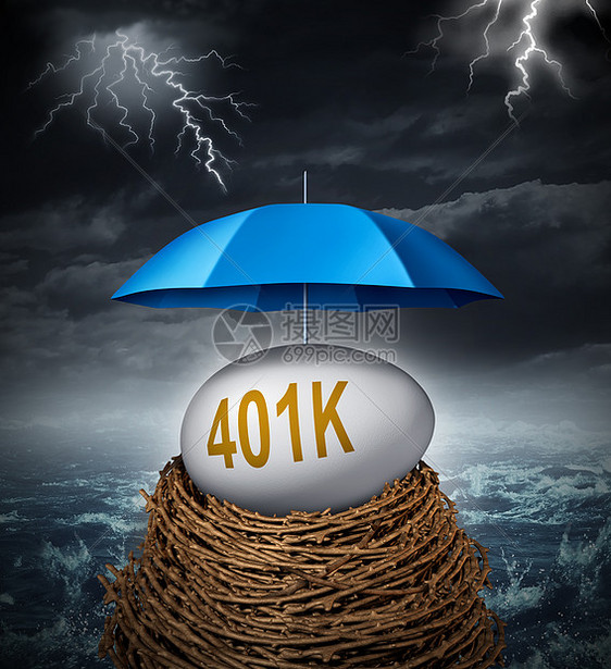 退休投资安全储蓄的财政保护,个象征,401K个鸡蛋个巢,由蓝色的伞保护,以抵御动荡的风暴经济困难,并个税图片