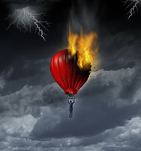 职业危机麻烦提前商业与个商人闪电雷声风暴飞行与红色热气球着火,比喻工作危机挑战错误的计划旅行战略图片