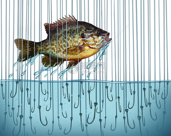 避免风险逃避危险种商业比喻,跳跃的鱼水里挣脱出来,装满了锋利的鱼饵钩,克服困难挑战的象征图片