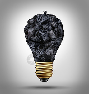 垃圾管理解决方案的与黑色垃圾袋形状为灯泡,环境破坏回收废物问题的象征图标图片