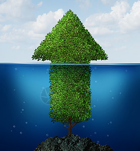 商业复苏的棵箭树淹没水下,浮出水,海洋中升,经济增长回报的金融象征图片