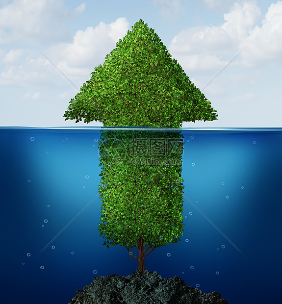 商业复苏的棵箭树淹没水下,浮出水,海洋中升,经济增长回报的金融象征图片