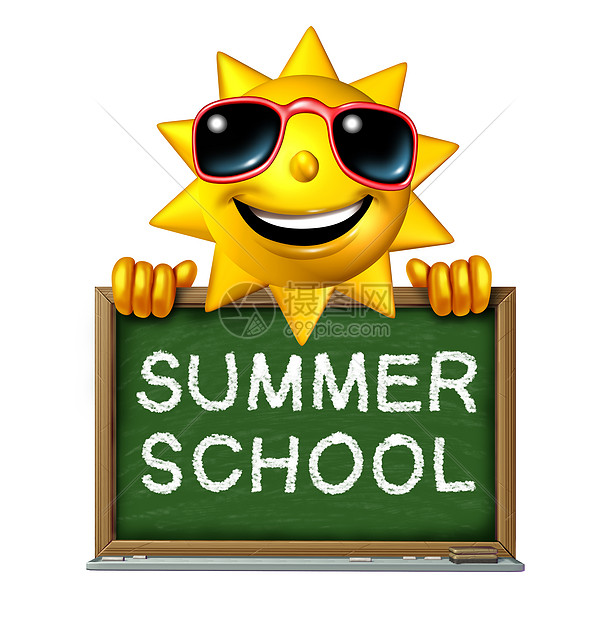 暑期学校的教育理念个快乐趣的三维太阳人物,着黑板,画着单词,炎热的季节学课外课程的象征图片