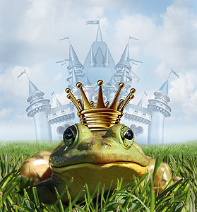 青蛙王子城堡的与黄金皇冠代表童话的象征,希望浪漫改变两栖动物英俊的皇室后,公主吻图片