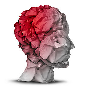 头部损伤创伤脑事故医疗心理健康护理与皱巴巴的办公纸形状为人类的头脑,红色突出区域创伤问题的象征图片
